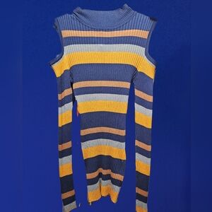 Derek Heart Striped Cutout Sweater - Navy, Mustard, Gray